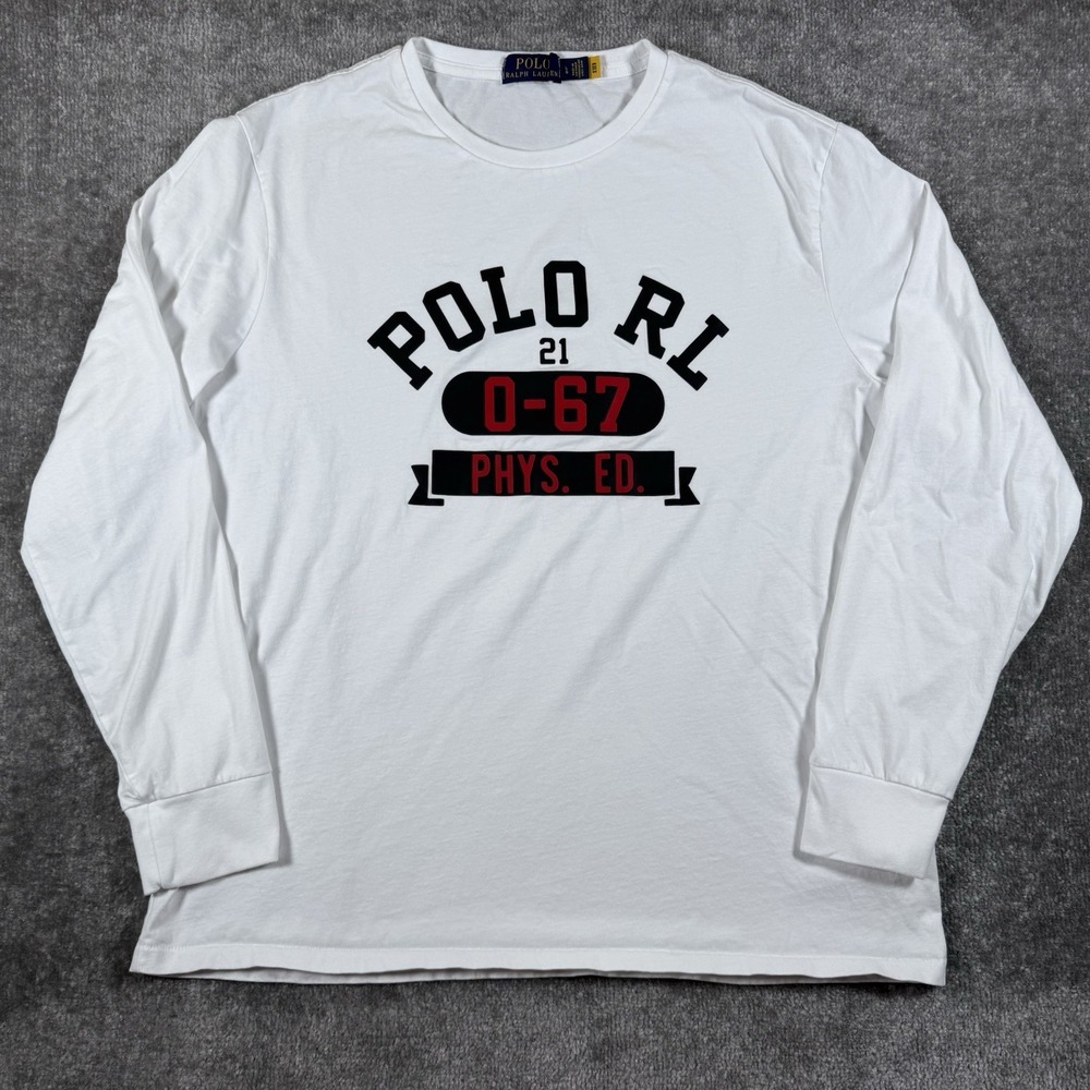 Polo‎ Ralph Lauren T-Shirt Men's Large White Logo Long Sleeve Crew Neck